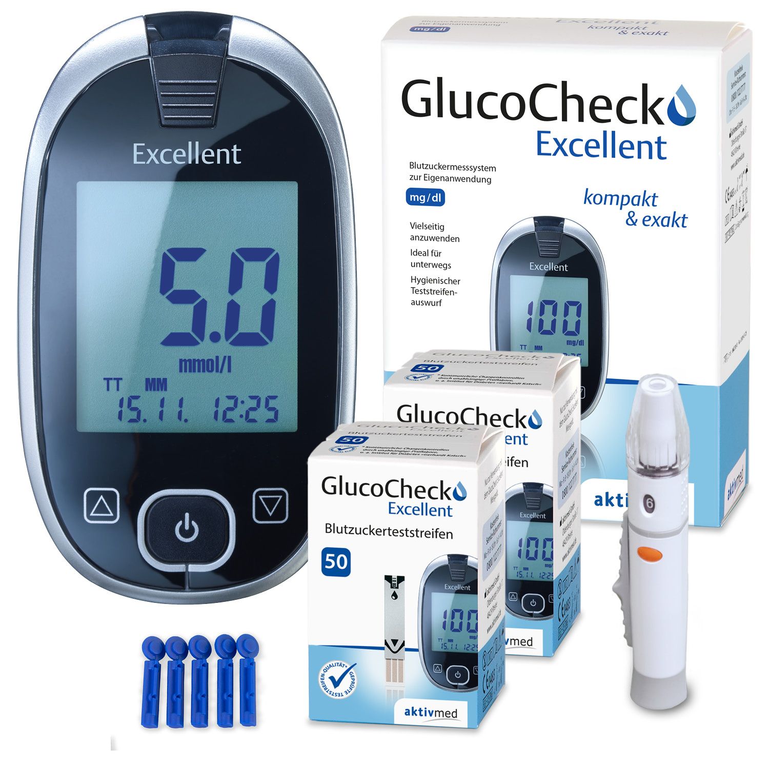 GlucoCheck Excellent Mess-Set zur Blutzuckerkontrolle mit 110 Streifen