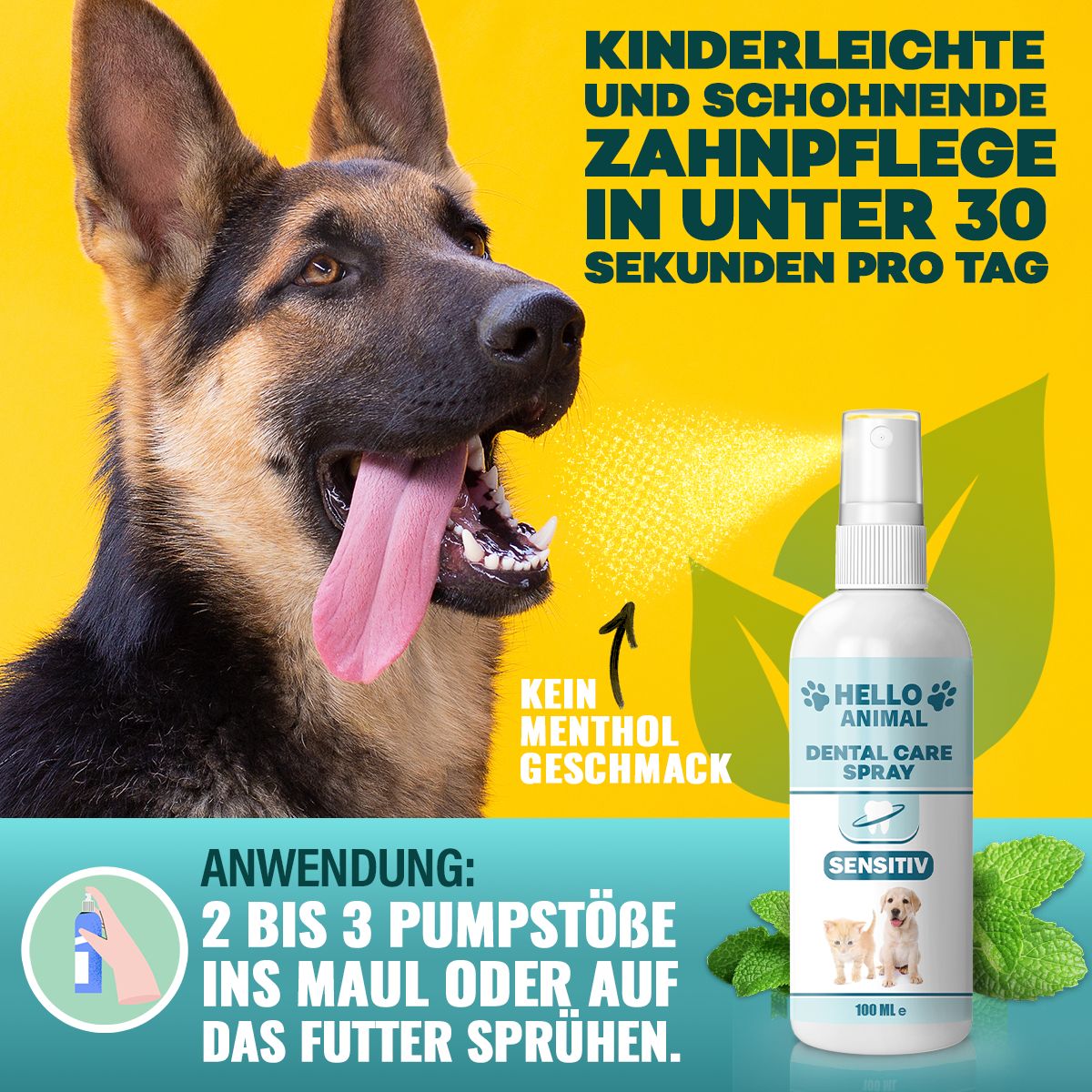 Werbebild mit Hund und Sprühflasche. Text: Kinderleichte Zahnpflege, Anwendung: 2-3 Pumpstöße ins Maul oder auf Futter.