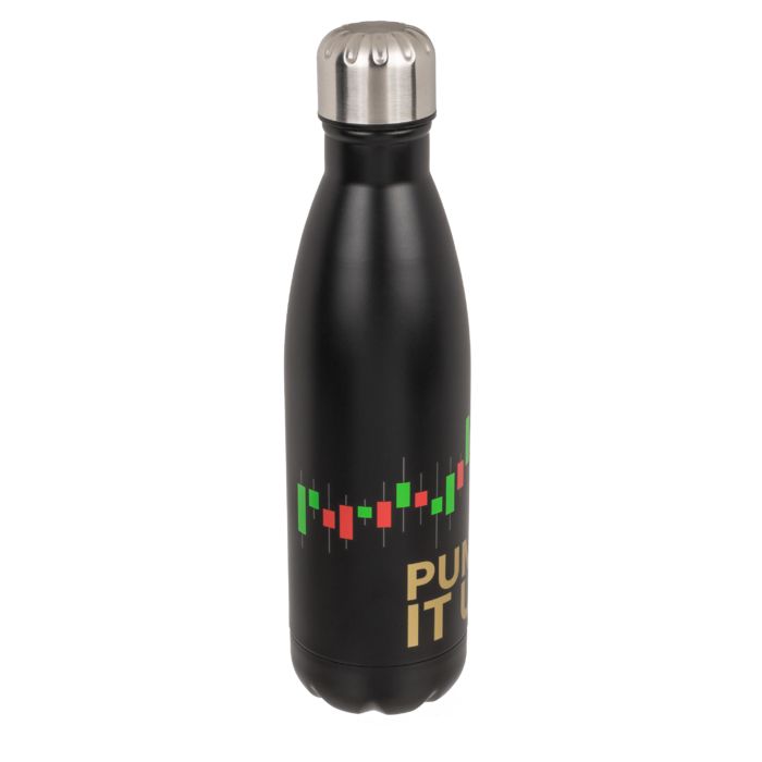 Schwarze Trinkflasche mit silbernem Deckel. Aufdruck: Diagramm, goldener Schriftzug "PUMP IT UP".