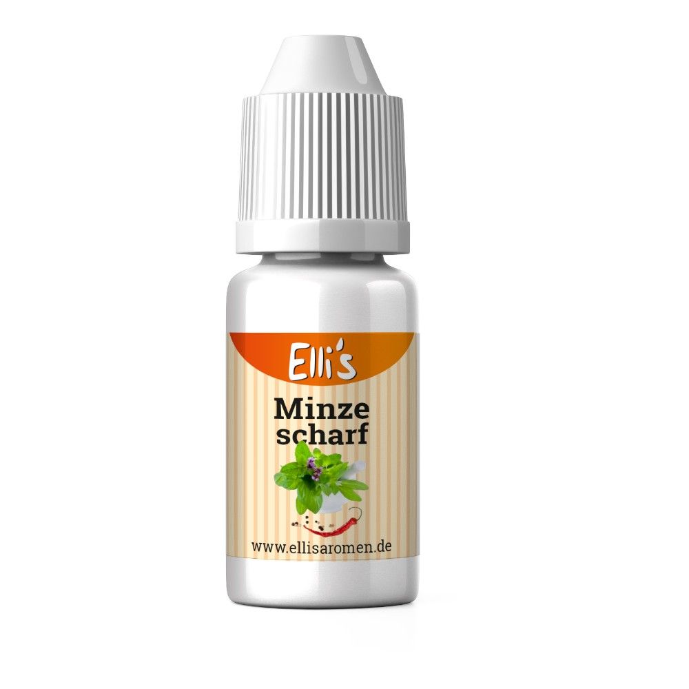 Fläschchen mit weißem Deckel. Aufkleber mit "Elli's Minze scharf" und Kräuter-Illustration. www.ellisaromen.de.
