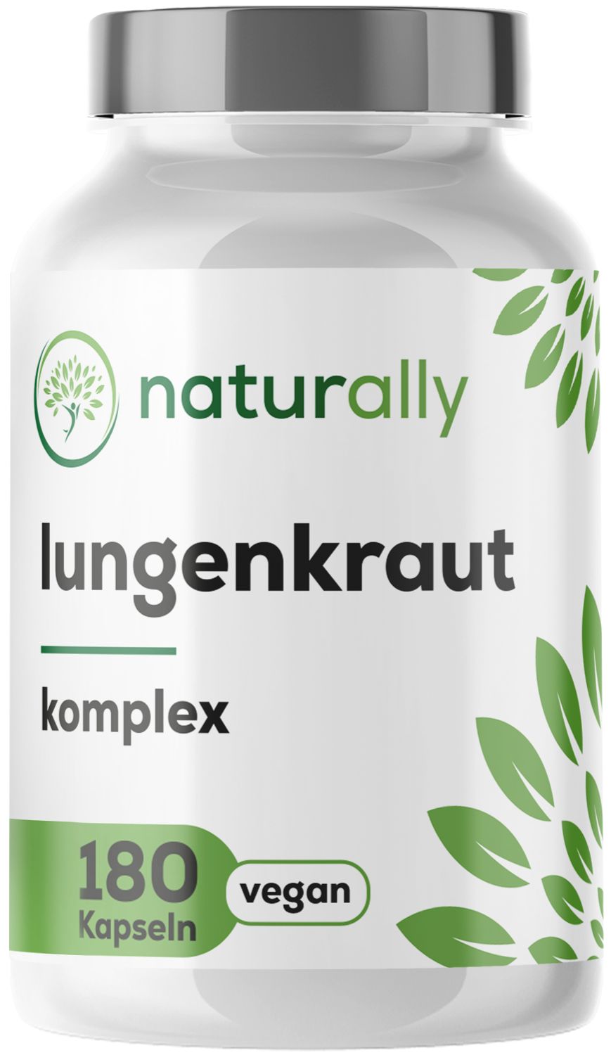 Weißes Glas mit Kapseln. Text: Lungenkraut Komplex, 180 Kapseln, vegan. Logo von naturally.