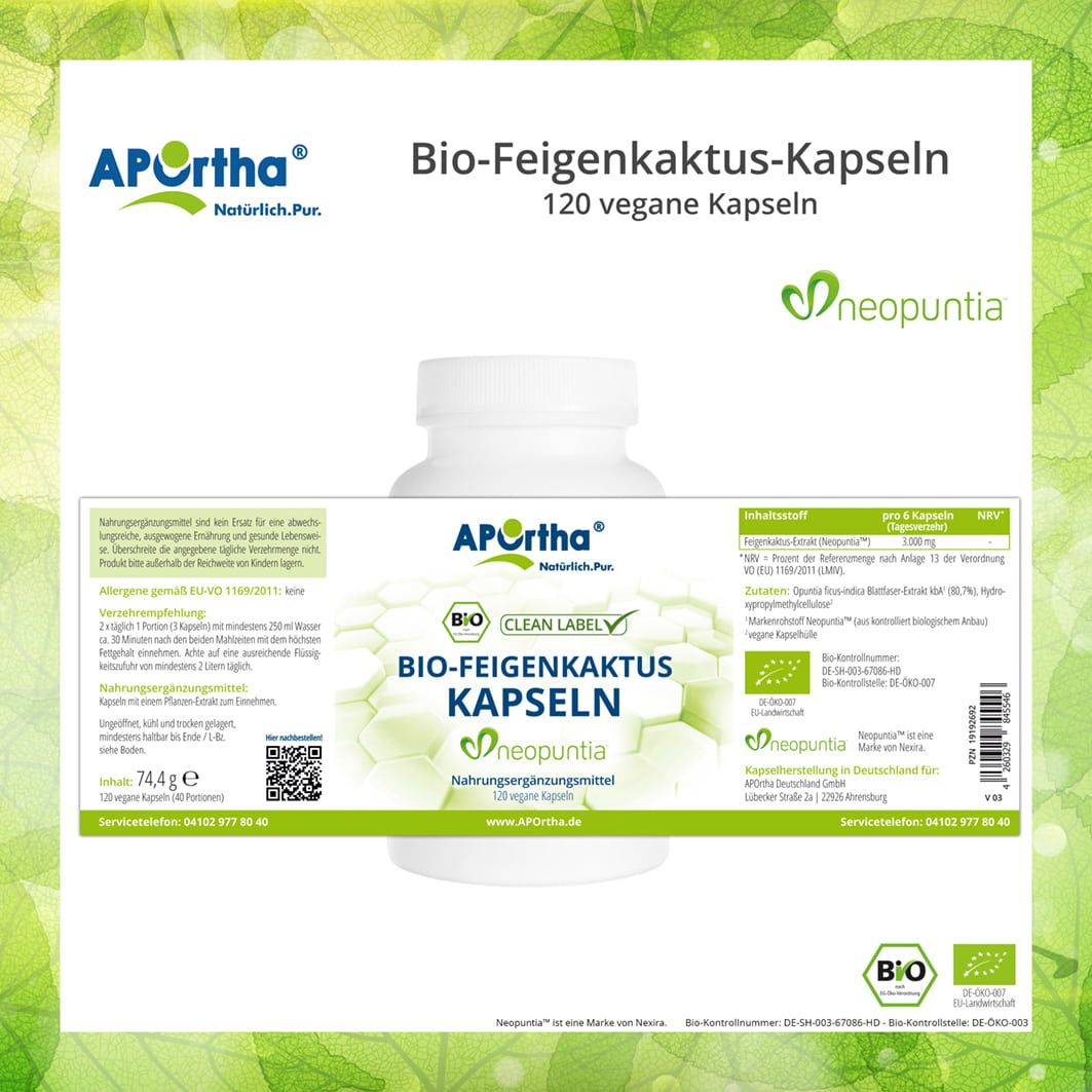 Weiße Flasche mit Etikett. Aufschrift: APOrtha®, Bio-Feigenkaktus Kapseln, 120 vegane Kapseln. Informationen zu Inhaltsstoffen und Nährwerten.