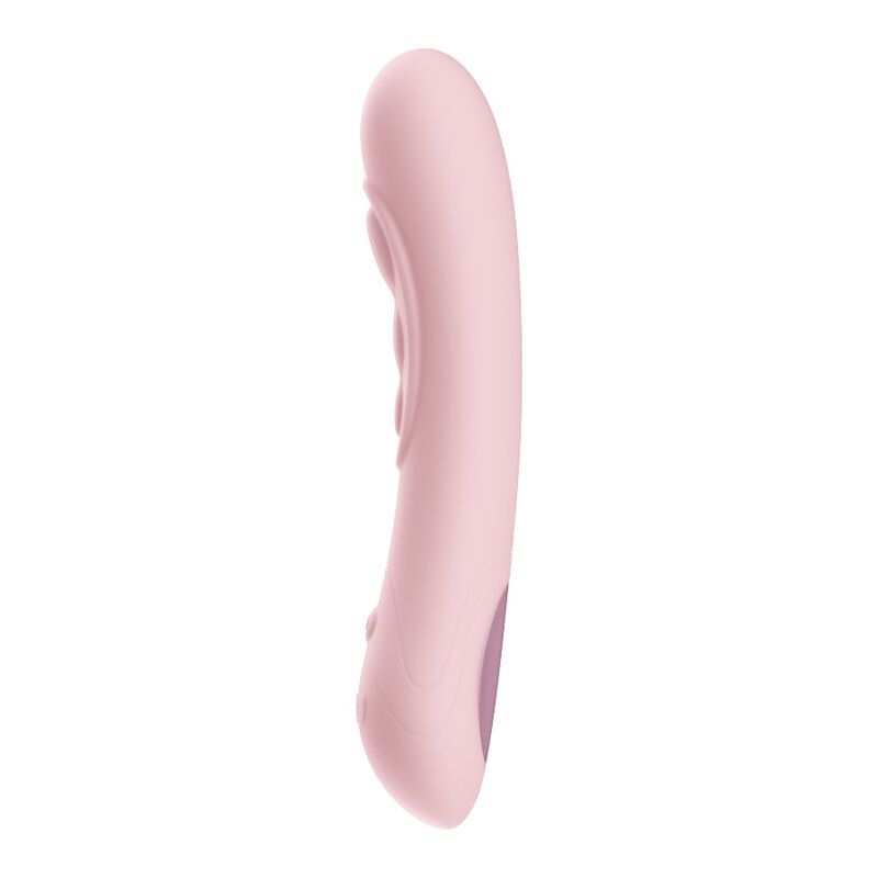 Ein rosafarbener Vibrator mit einer gebogenen Form und einem lila Akzent am unteren Ende.