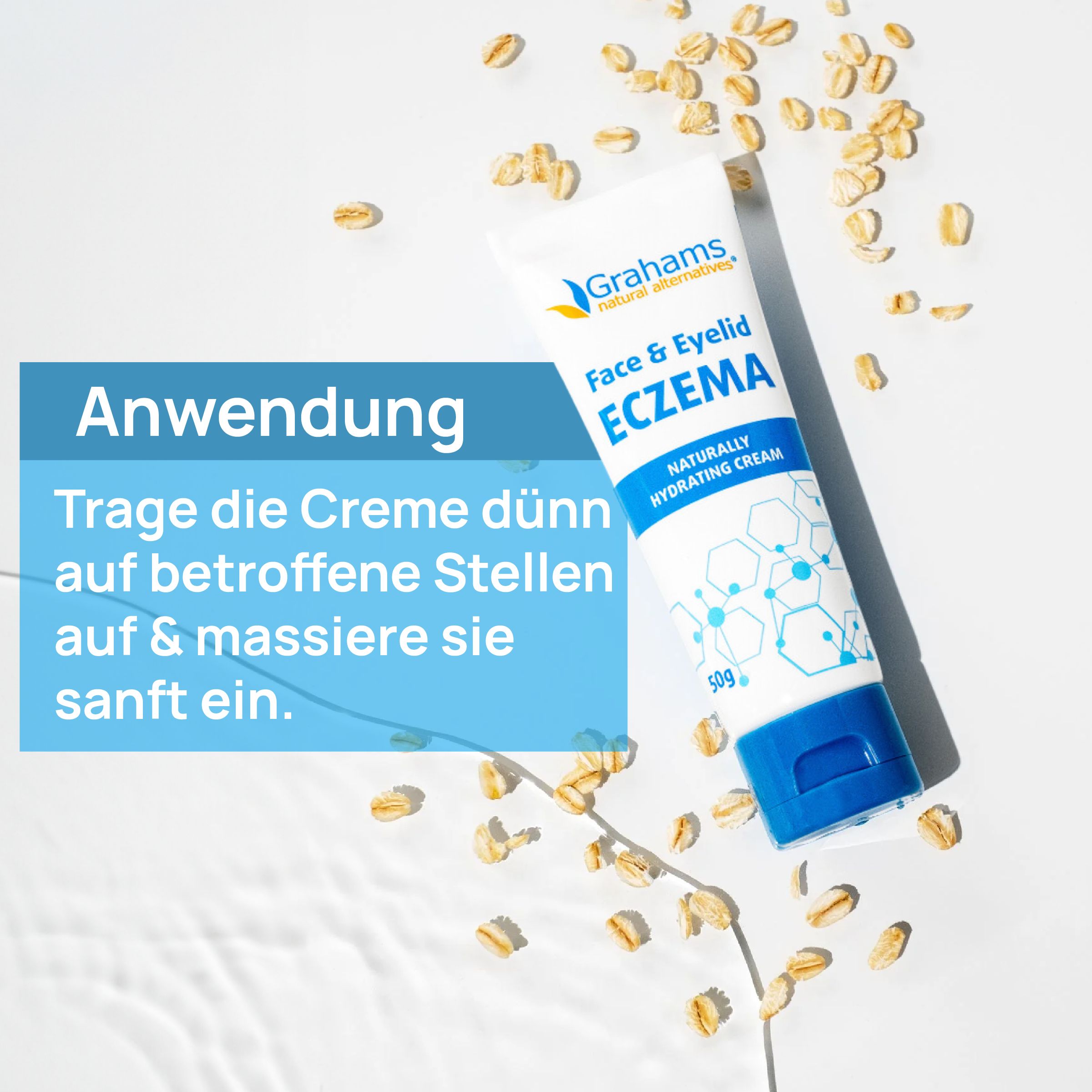 Tube Grahams Face & Eyelid Eczema Creme. Text: Trage die Creme dünn auf betroffene Stellen auf & massiere sie sanft ein.