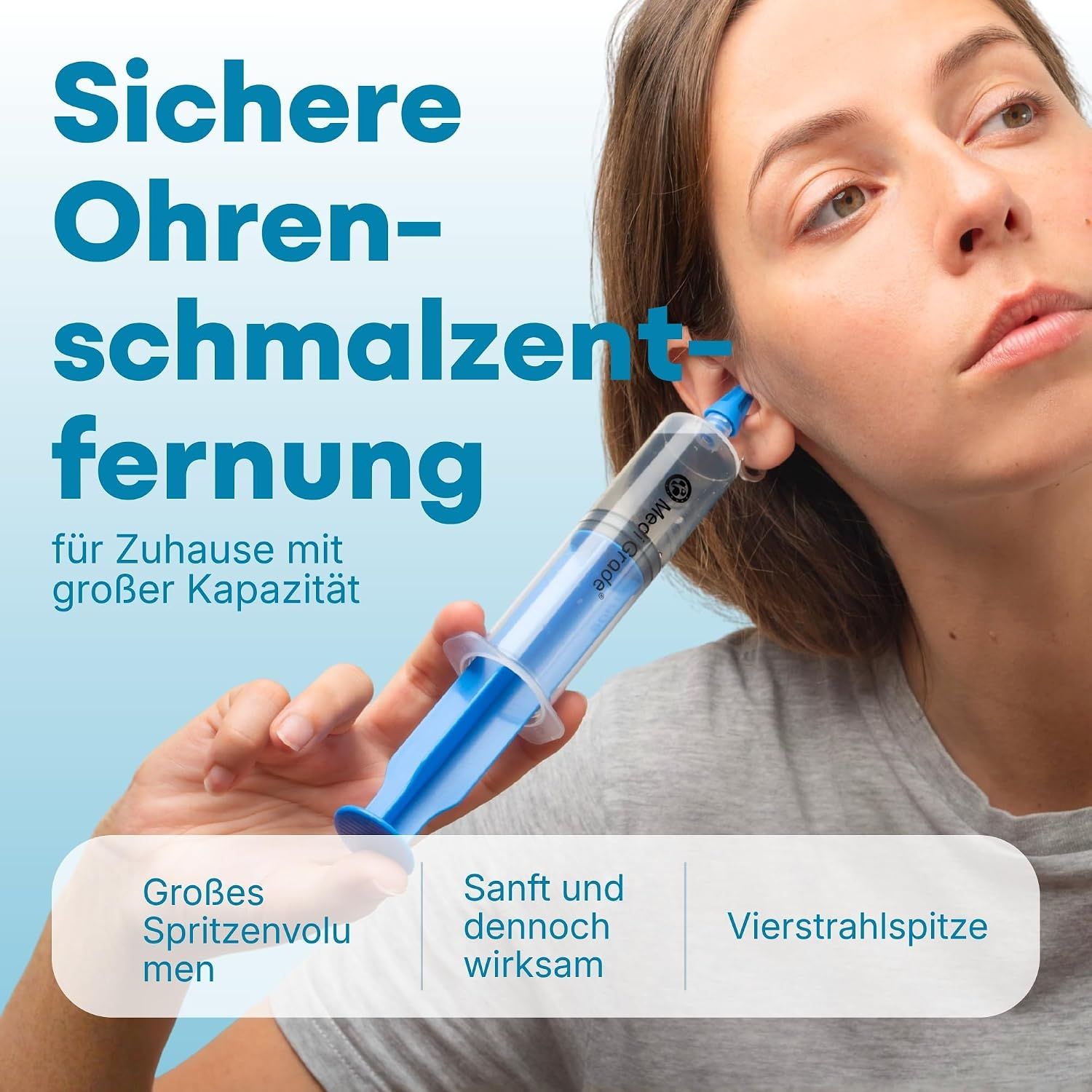 Ohrwachsentfernungsset mit Spritze, Ölfläschchen und Box.
