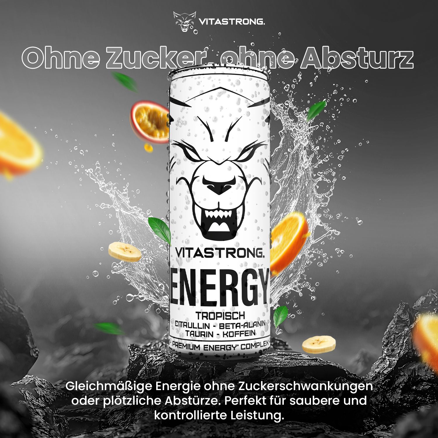 Weiße Dose mit Wolfsgesicht. Text: ENERGY TROPISCH. Grafische Elemente: Orangen, Bananen, Wasser. Ohne Zucker, ohne Absturz.