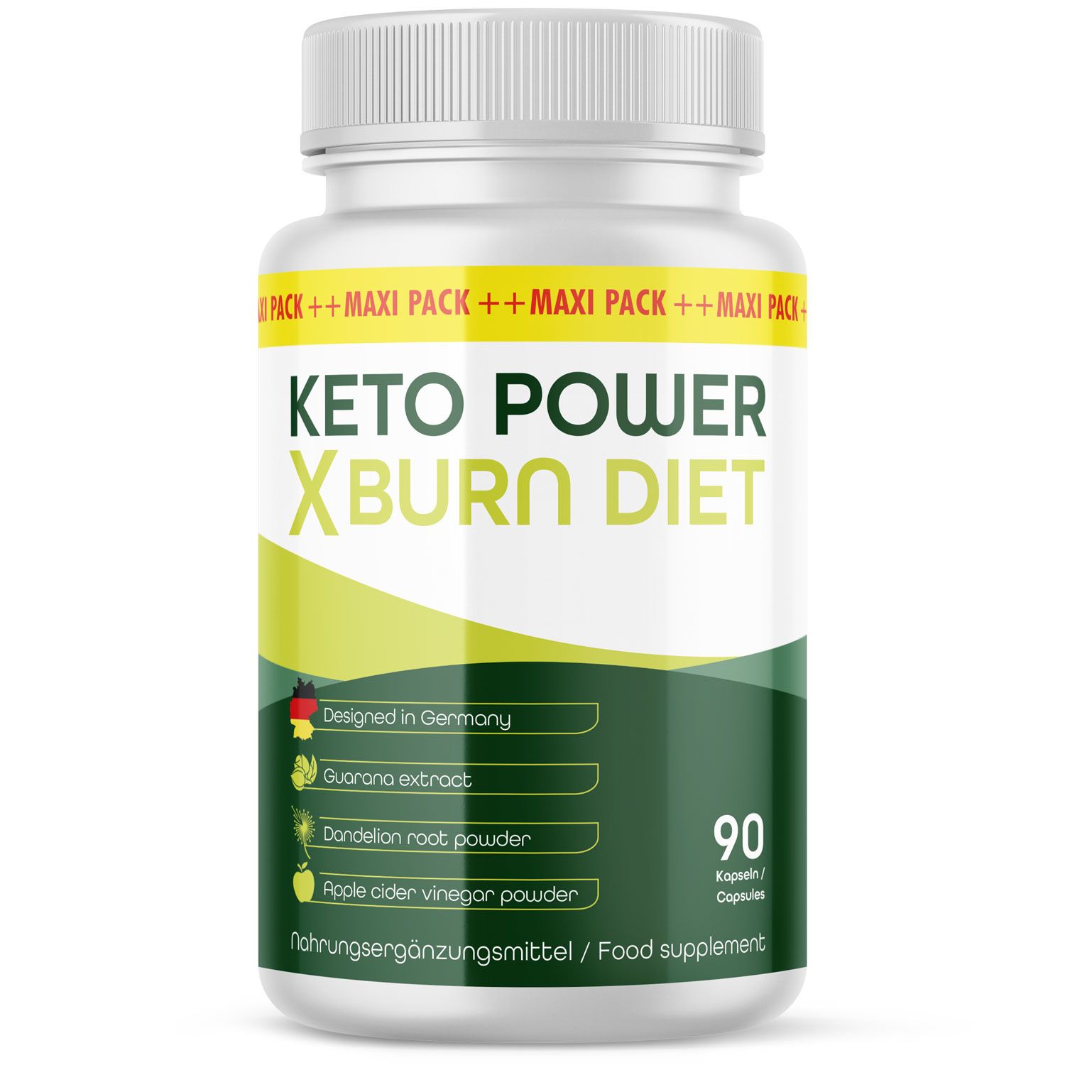 Weiße Flasche mit Kapseln. Aufschrift: Keto Power X Burn Diet. Enthält 90 Kapseln. Zutaten: Guarana, Löwenzahnwurzel, Apfelessig.