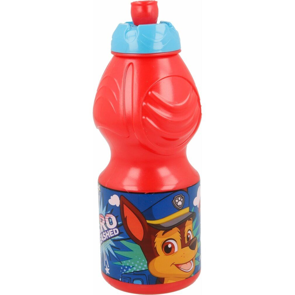 Rote Trinkflasche mit blauem Deckel. Motiv: Paw Patrol Chase. Aufschrift: HERO WASHED. Kunststoff. Sportflasche.