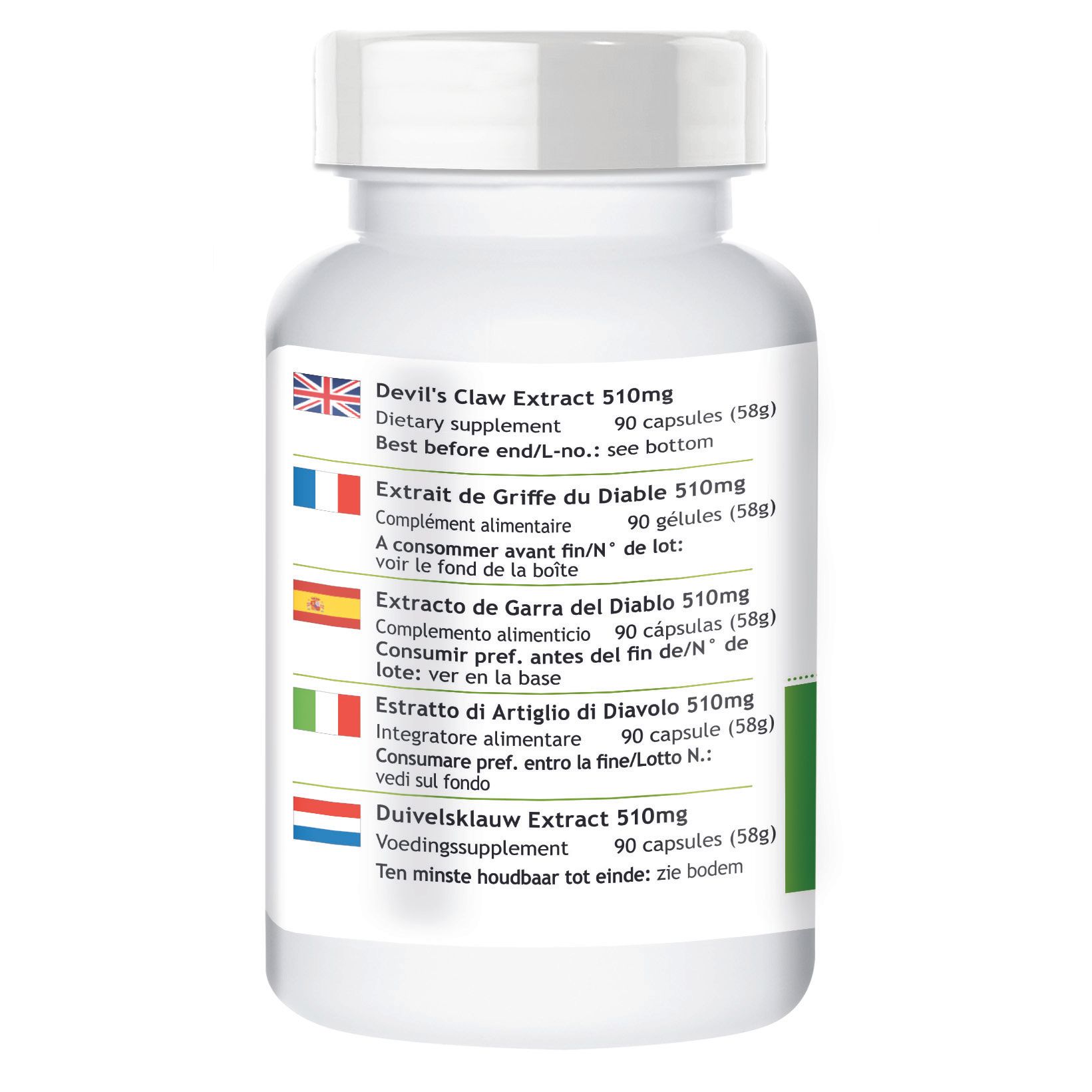 Rückseite der Flasche mit mehrsprachigen Produktinformationen. Enthält: Devil's Claw Extract 510mg, Extrait de Griffe du Diable 510mg, etc.
