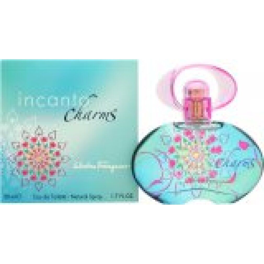 Eau de Toilette Spray und Schachtel. Hellblaues Glas mit floralem Muster. Rosa Verschluss. Schachtel mit Logo und Produktnamen.