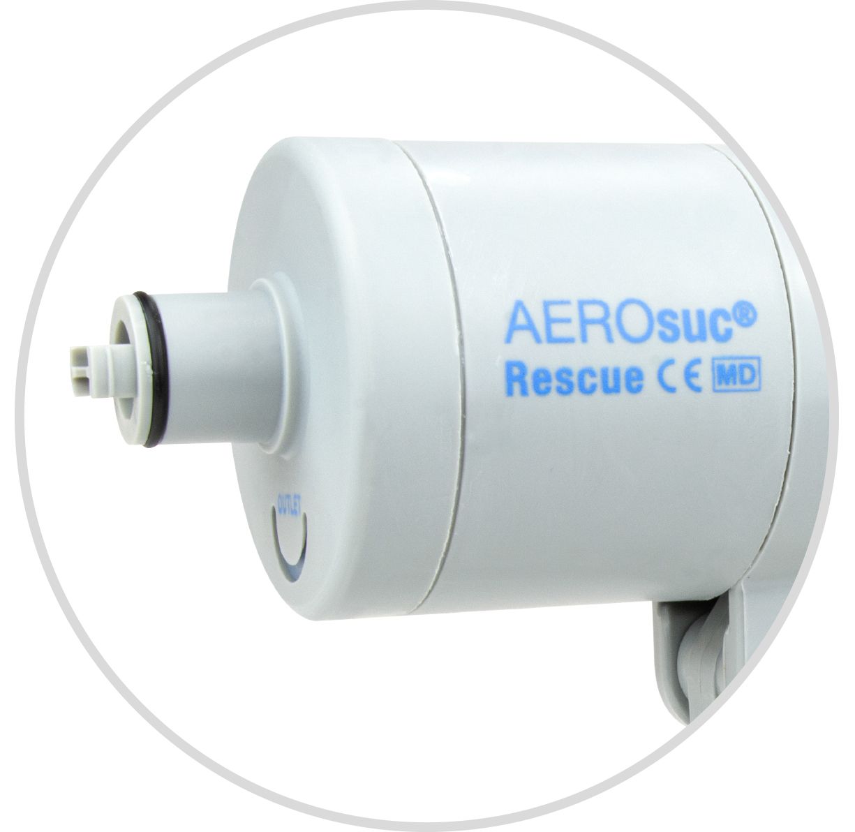 AEROsuc Rescue Handabsaugpumpe. Weiß, zylindrisch. Blaue Schrift. CE-Kennzeichnung.
