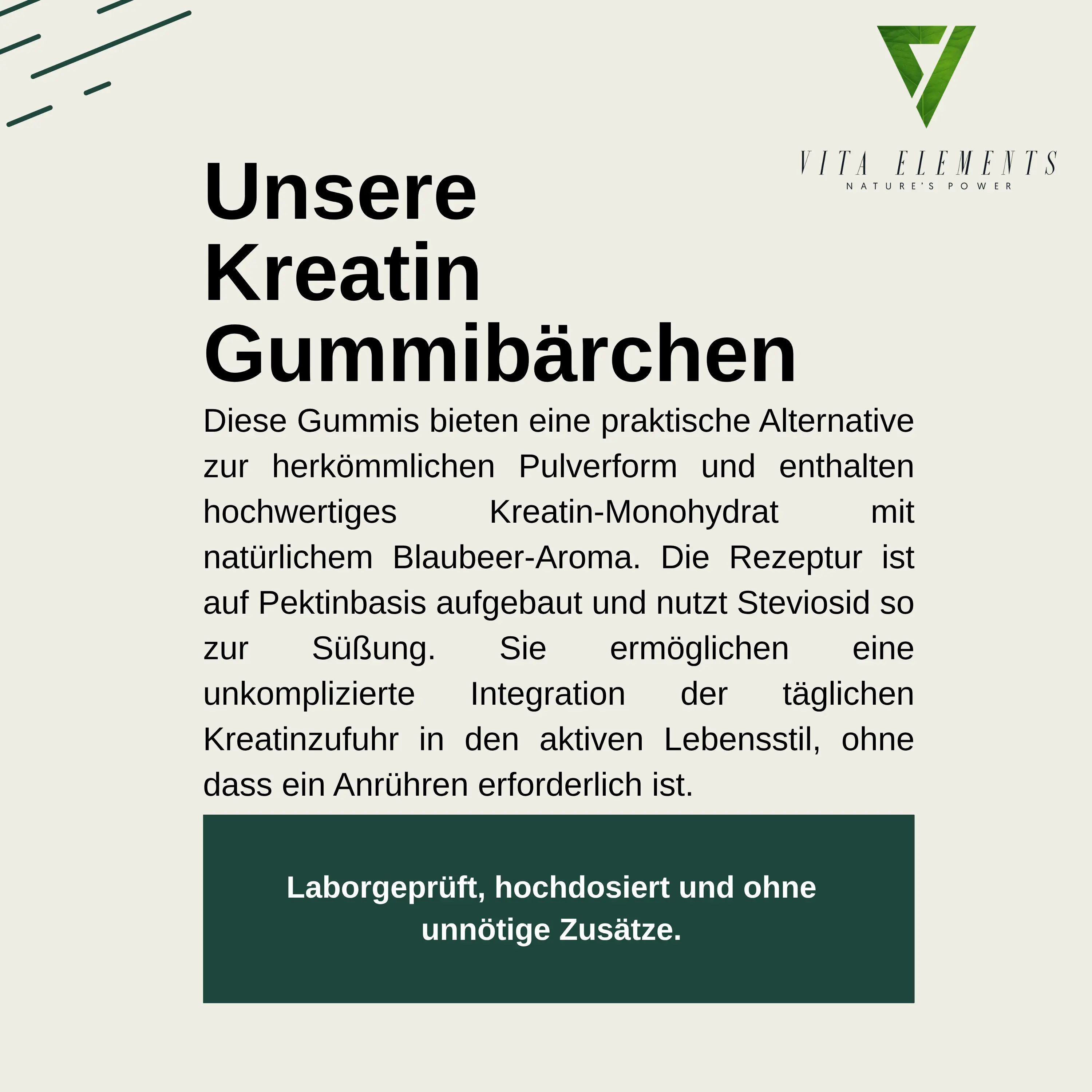 Textseite mit Überschrift 'Unsere Kreatin Gummibärchen' und Produktinformationen.