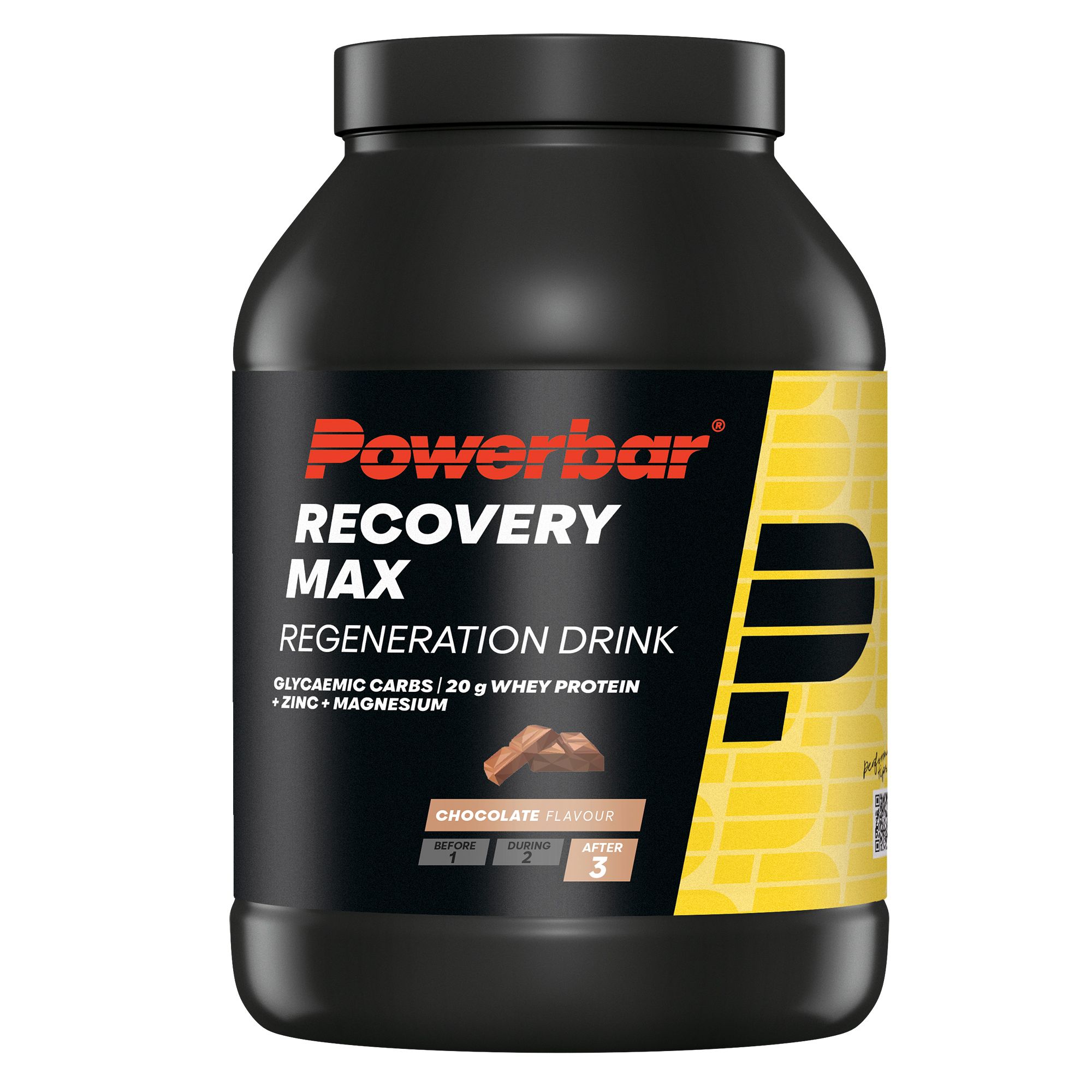 Schwarzer Powerbar Recovery Max Behälter, Schoko-Geschmack. Enthält 20g Whey Protein. Gelber Streifen und Logo.