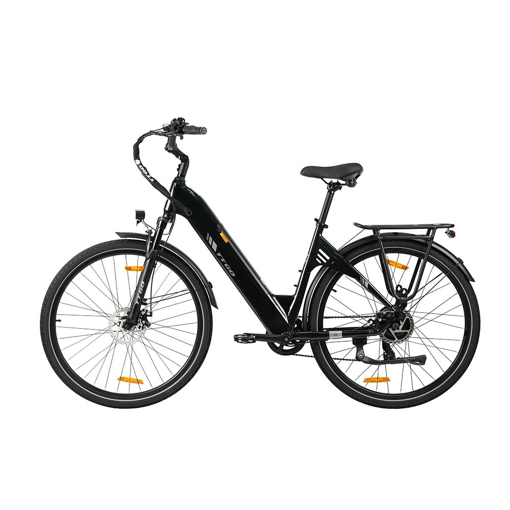 Schwarzes Elektrofahrrad mit Gepäckträger, Schutzblechen und Beleuchtung. TTGO C3 SE.