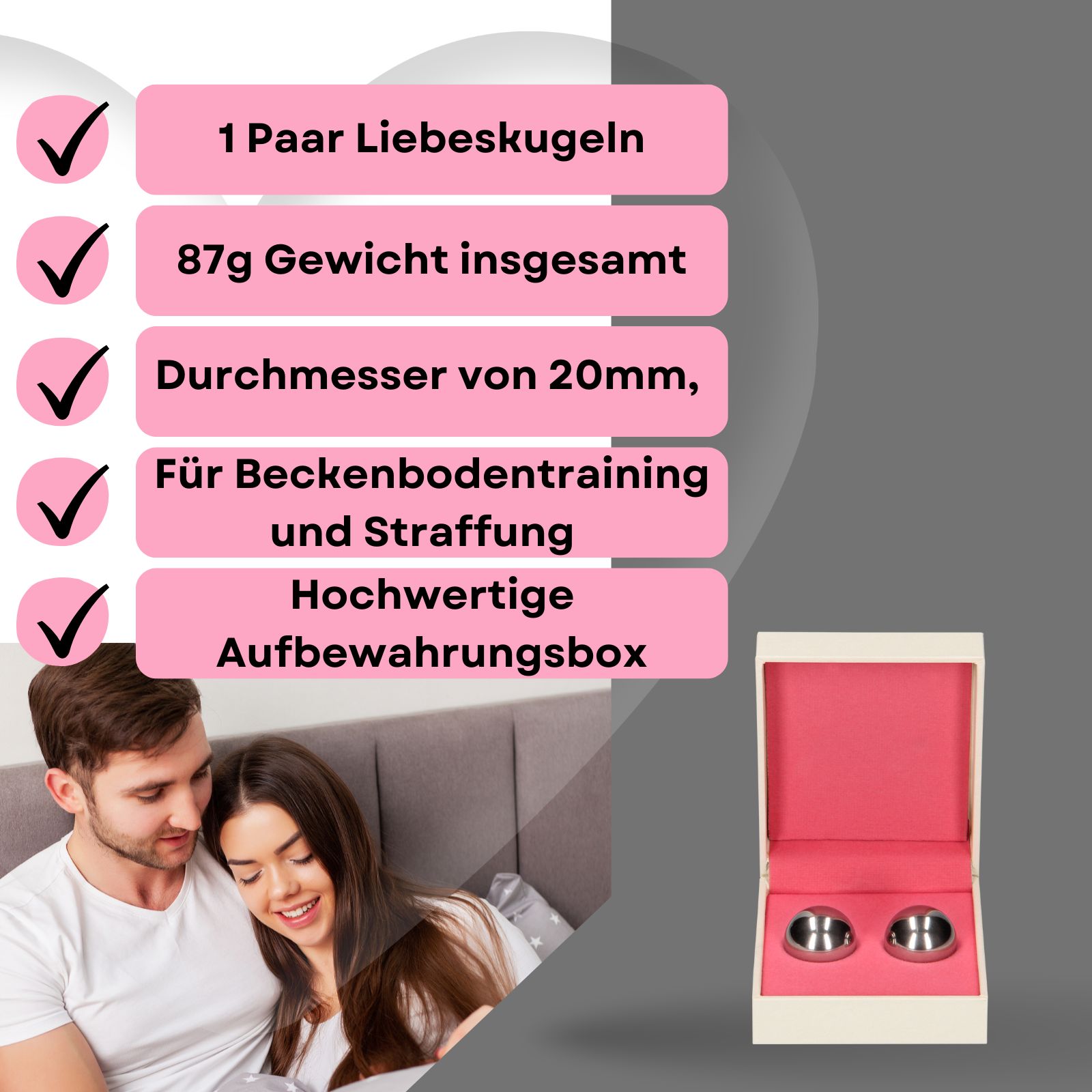 Produktabbildung mit Text: 1 Paar Liebeskugeln, 87g Gewicht, 20mm Durchmesser, Beckenbodentraining.