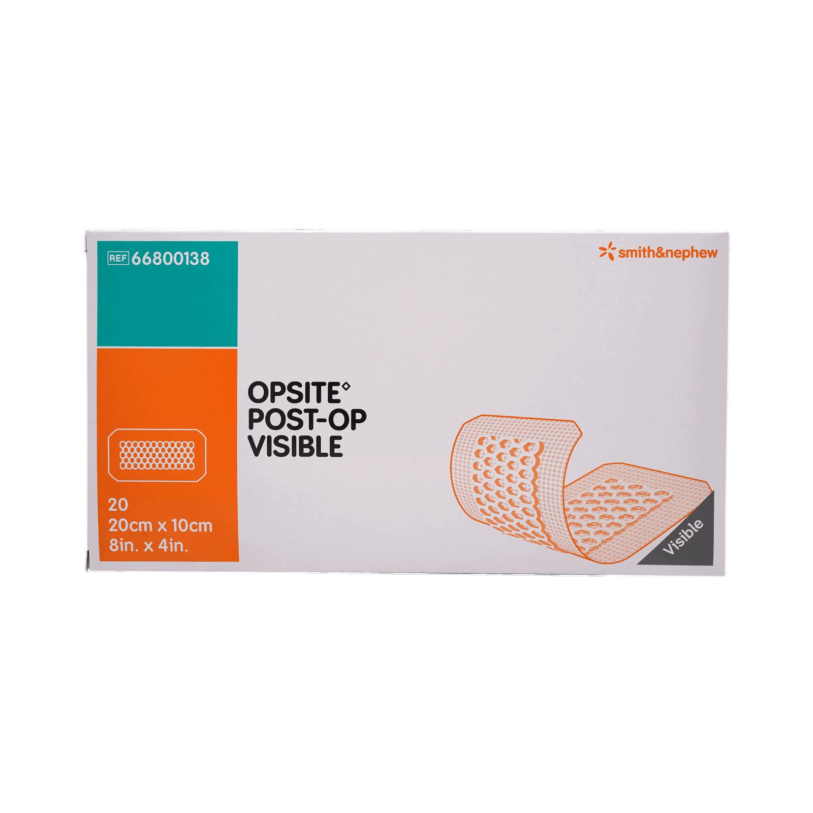 Verpackung OPSITE Post-Op Visible. Orangefarbener Streifen mit Produktinformationen. Geöffnete Wundauflage sichtbar. Smith & Nephew Logo.