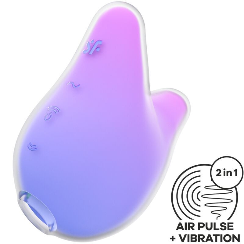 Stimulator mit geschwungener Form. Farbverlauf von Lila nach Rosa. Text: Air Pulse + Vibration. 2in1.
