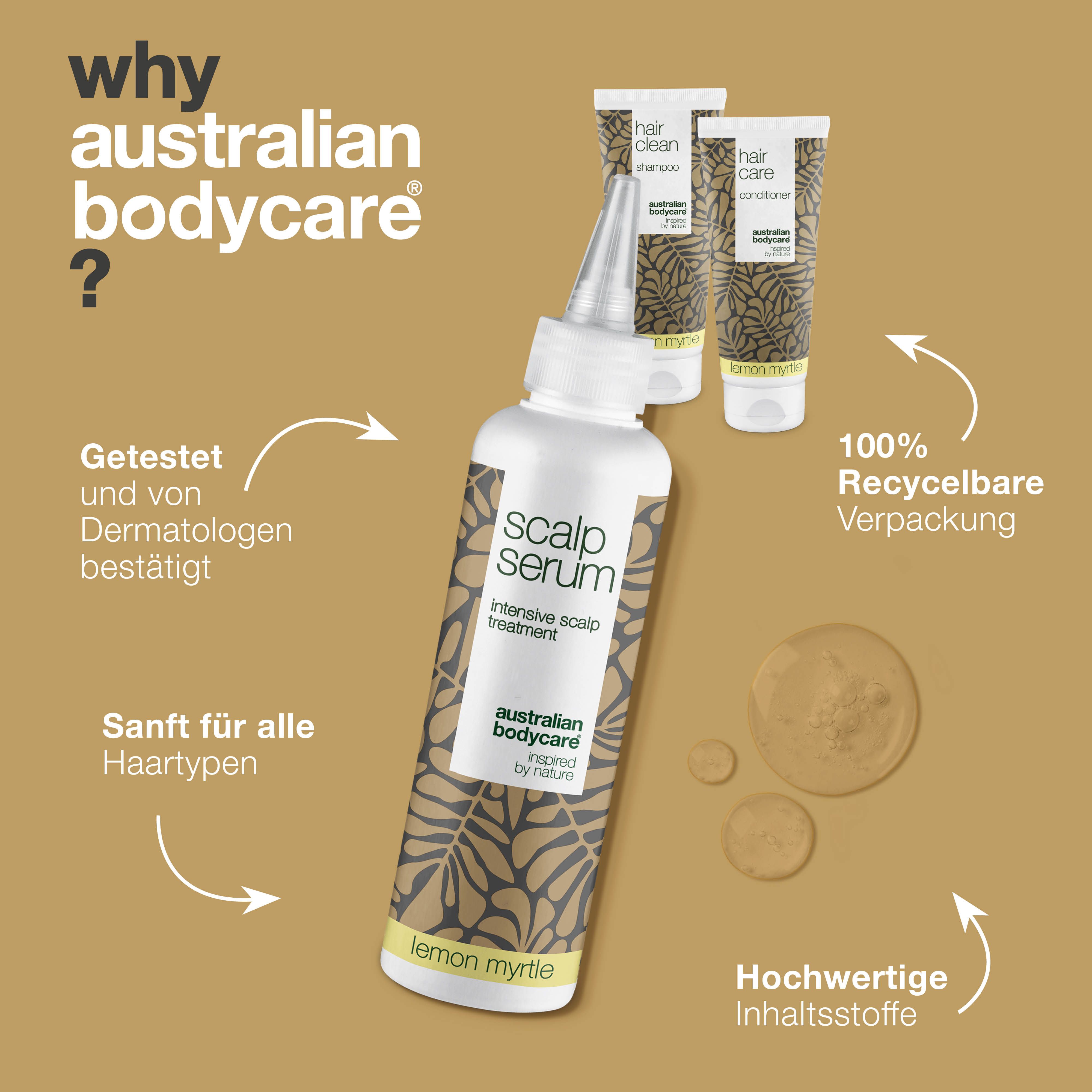 Warum Australian Bodycare? Serum, Shampoo und Conditioner. Text: Dermatologisch getestet, sanft für alle Haartypen. Logo.