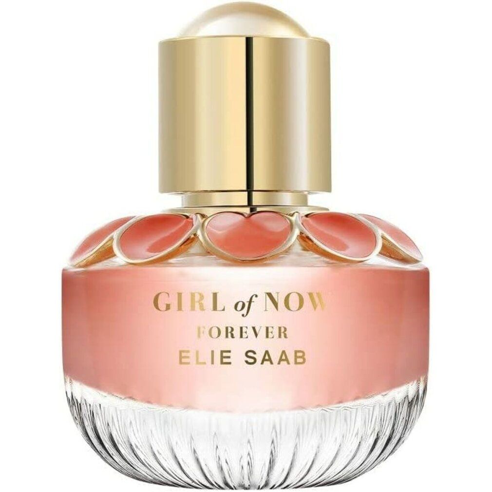 Parfümflakon mit goldfarbenem Deckel und rosa Flüssigkeit. Aufschrift: GIRL of NOW FOREVER ELIE SAAB. Blütenförmige Verzierungen.