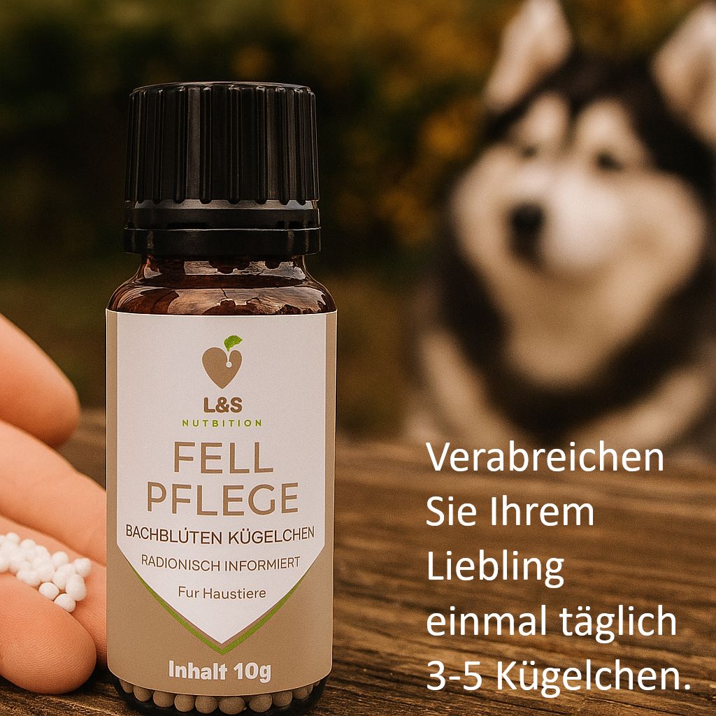 Braune Glasflasche mit schwarzem Deckel. Etikett mit Produktnamen und Logo. Text: Verabreichen Sie Ihrem Liebling einmal täglich 3-5 Kügelchen.