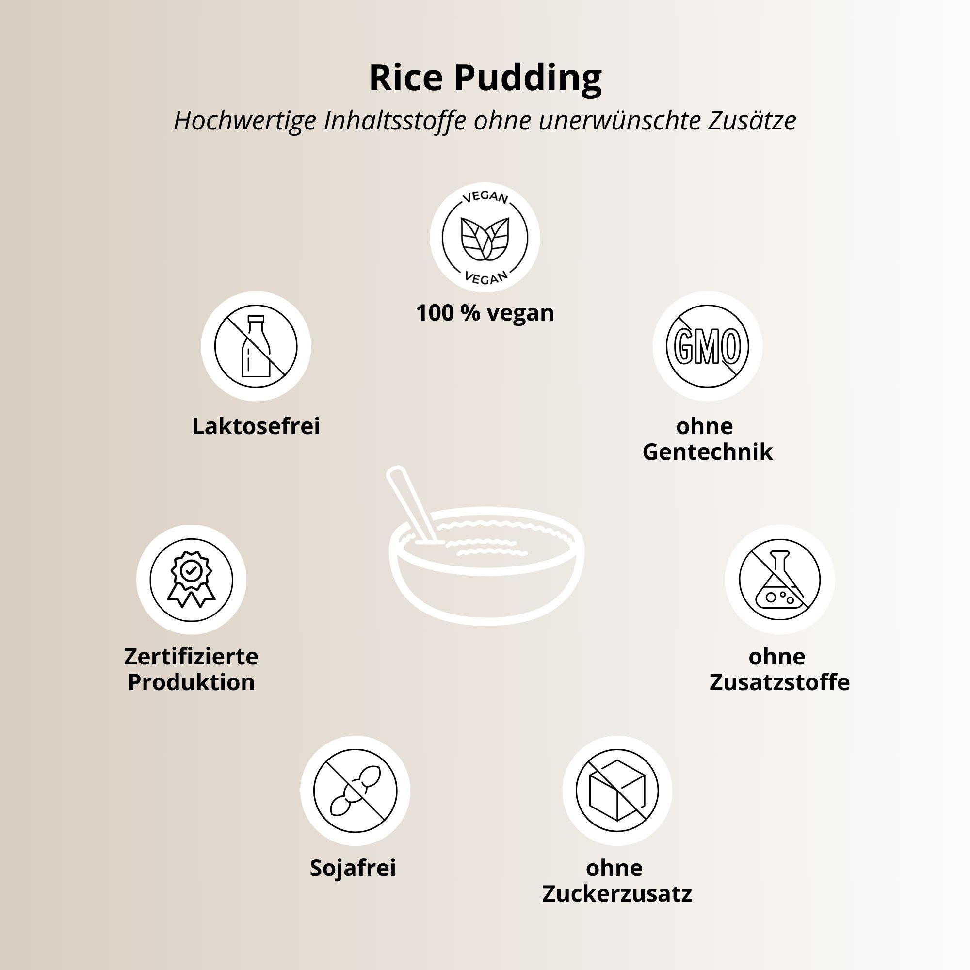 Kreisförmige Icons mit Text: vegan, laktosefrei, ohne Gentechnik, ohne Zusatzstoffe, sojafrei, ohne Zuckerzusatz, zertifizierte Produktion. Zentral: Schüssel mit Pudding und Löffel.