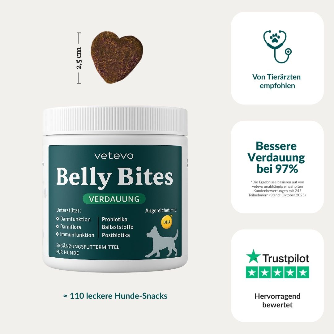 Weiße Dose, Herz-Snack, 2,5 cm. Text: Belly Bites, Verdauung. Von Tierärzten empfohlen. Bessere Verdauung bei 97%. 110 Snacks.
