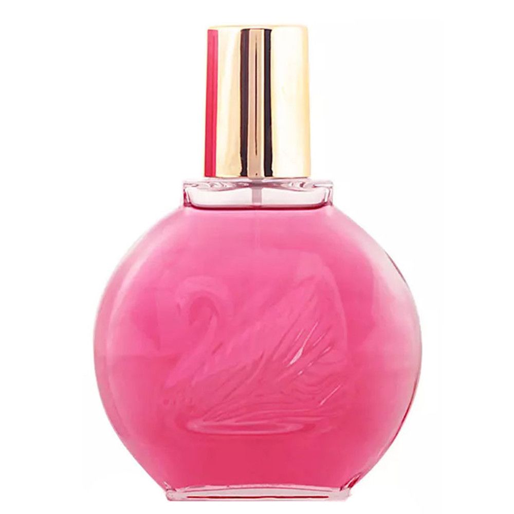 Runde, rosa Parfumflasche mit goldfarbenem Verschluss. Schwan-Relief auf der Flasche.