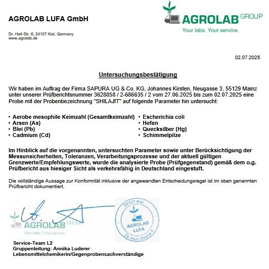 Laborbericht von AGROLAB LUFA GmbH. Untersucht: Aerobe mesophile Keimzahl, Arsen, Blei, Cadmium, Escherichia coli, Hefen, Quecksilber, Schimmelpilze. Datum: 02.07.2025.