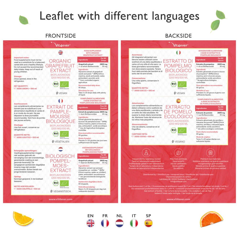 Faltblatt mit verschiedenen Sprachen. Vorder- und Rückseite mit Produktinformationen in mehreren Sprachen.