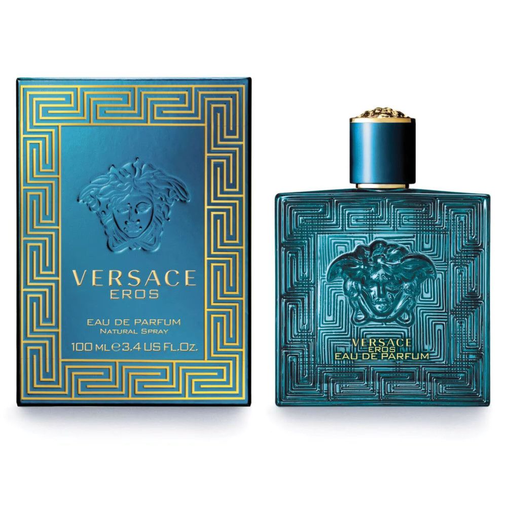Türkisfarbener Flakon und Schachtel. Aufschrift: VERSACE EROS. Eau de Parfum. 100 ml.