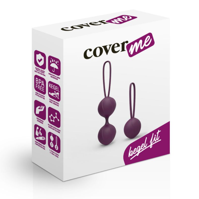 Produktverpackung mit zwei lilafarbenen Kugeln. Auf der Verpackung steht "cover me" und "Kegel fit".