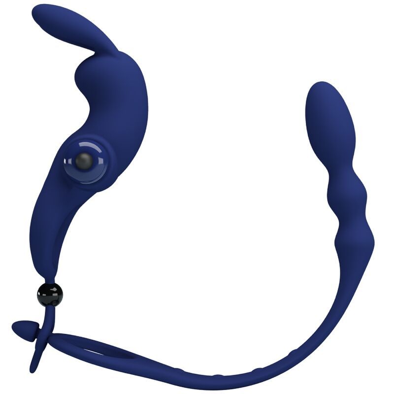 Blauer Vibrationsring mit Hasenohren-Design und geriffelter Verlängerung. Enthält eine kleine Kugel und eine Schlaufe.