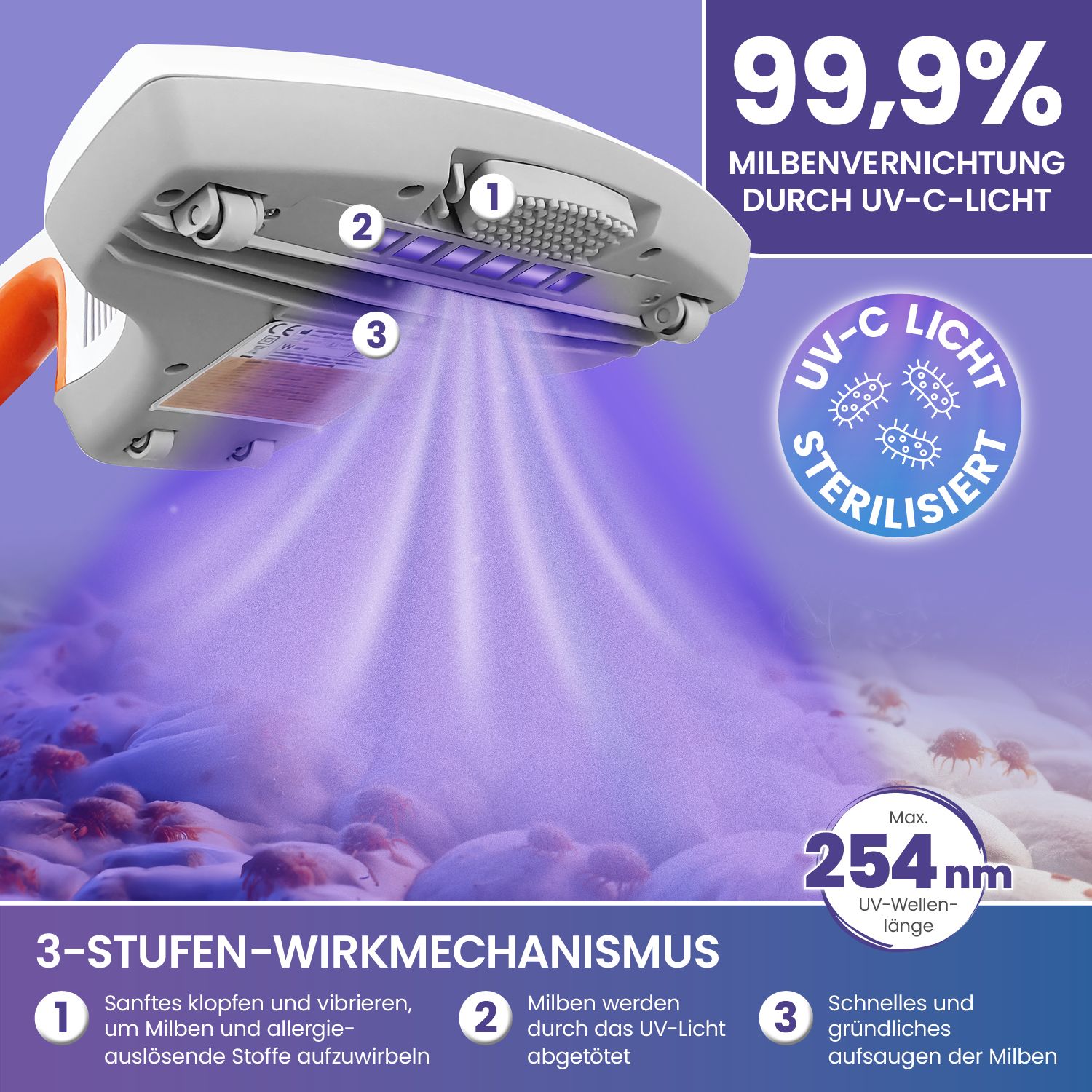 aktimeo Milben-Handstaubsauger mit UV-C Licht