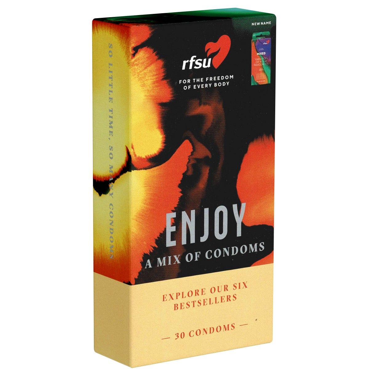 Verpackung mit RFSU-Kondomen. Aufschrift "ENJOY, A MIX OF CONDOMS". Enthält 30 Kondome. Logo und Slogan sichtbar.