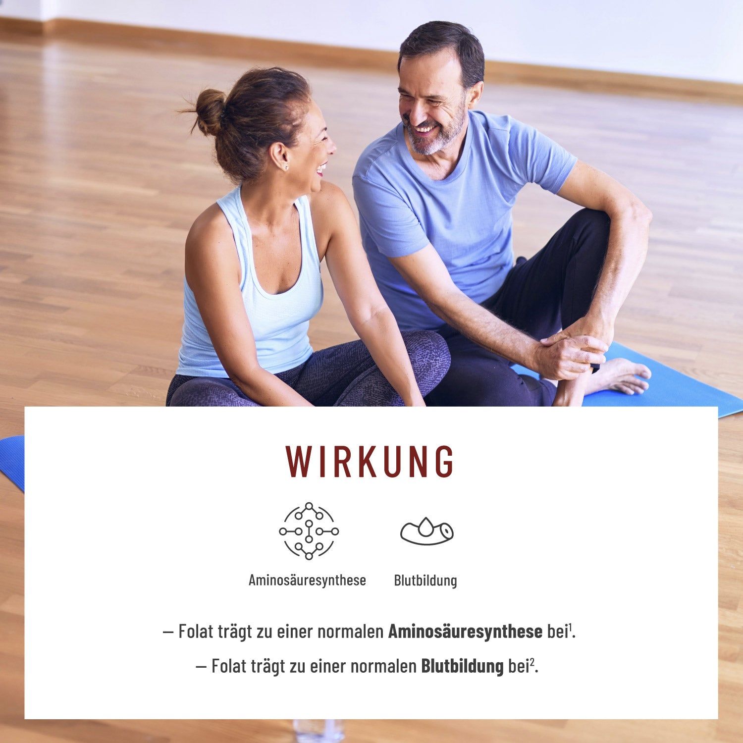 Zwei Personen sitzen und lachen. Text: WIRKUNG. Grafiken: Aminosäuresynthese, Blutbildung. Text über die Wirkung von Folsäure.
