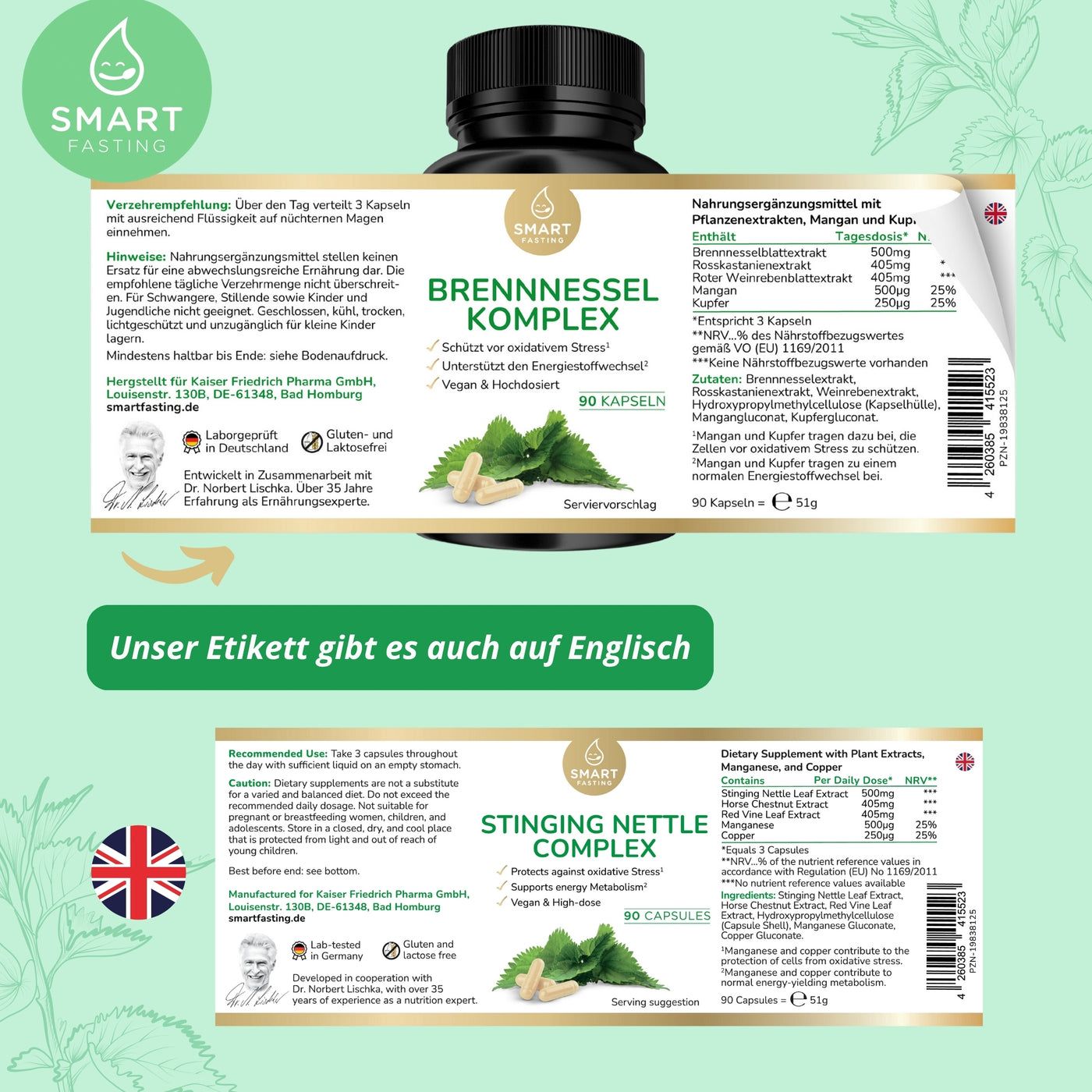 Zwei Etiketten, eines auf Deutsch und eines auf Englisch. Beide zeigen die Flasche "BRENNNESSEL KOMPLEX" und "STINGING NETTLE COMPLEX".