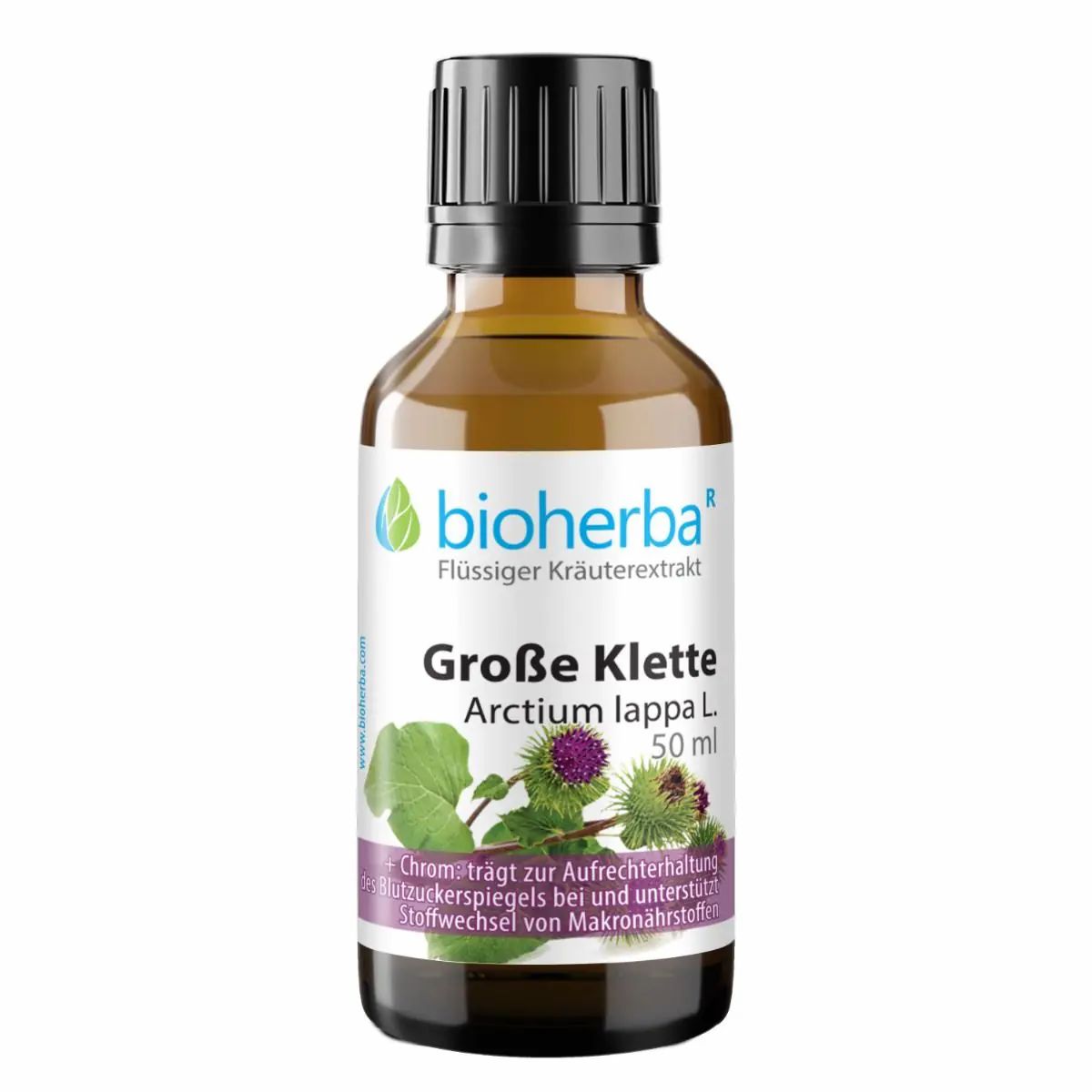 Braune Glasflasche mit schwarzem Deckel. Etikett mit Produktname, Logo und floraler Illustration.