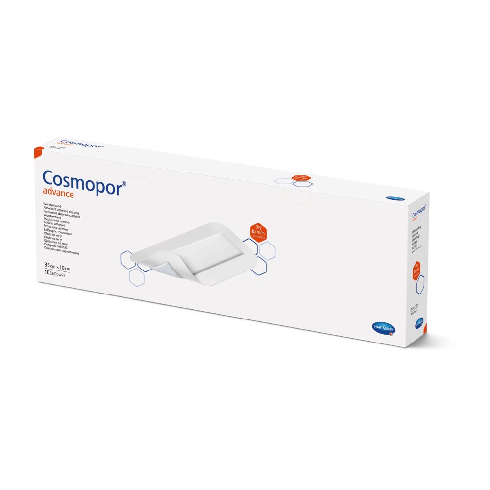 Verpackung von Cosmopor advance. Weißer Karton mit Produktabbildung und Schriftzug. Aufdrucke in Orange und Blau.
