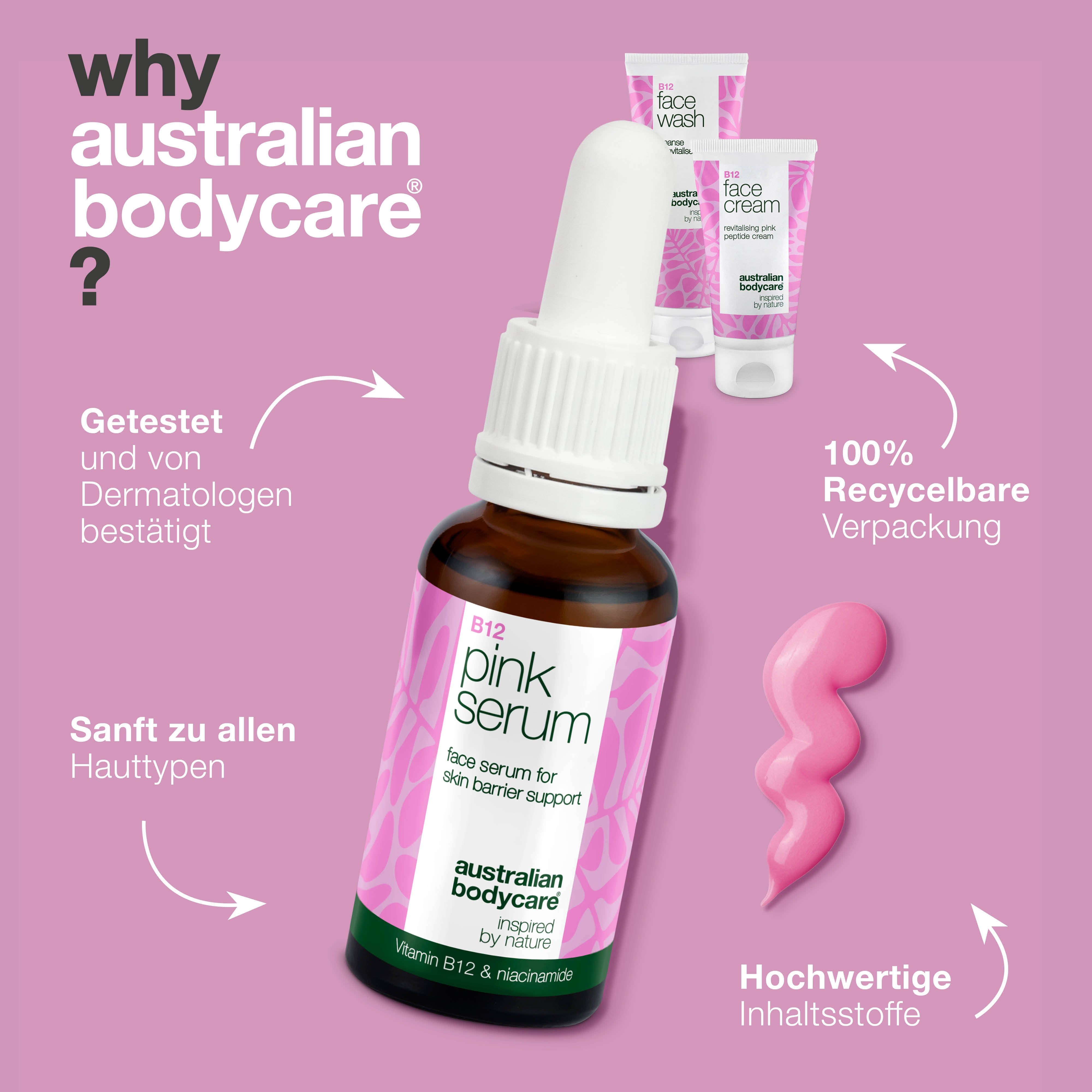 Drei Produkte: Face Wash, Face Cream, Pink Serum. Text: Hydrate intensément, Renforce la barrière cutanée, etc. Marke: Australian Bodycare.