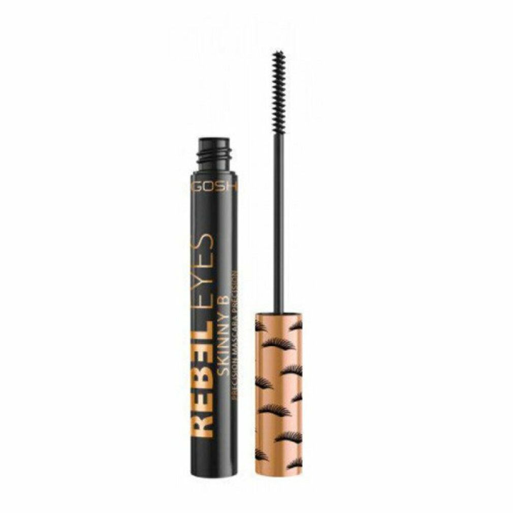 Schwarze Mascara-Tube mit goldfarbenem Deckel und Schriftzug. Bürste daneben. GOSH Rebel Eyes Skinny B Precision Mascara.