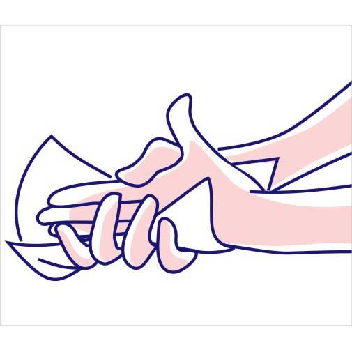 Illustration: Hände reinigen sich mit einem weißen Tuch. Blaue Konturen, rosa Hauttöne. Das Tuch ist gefaltet.