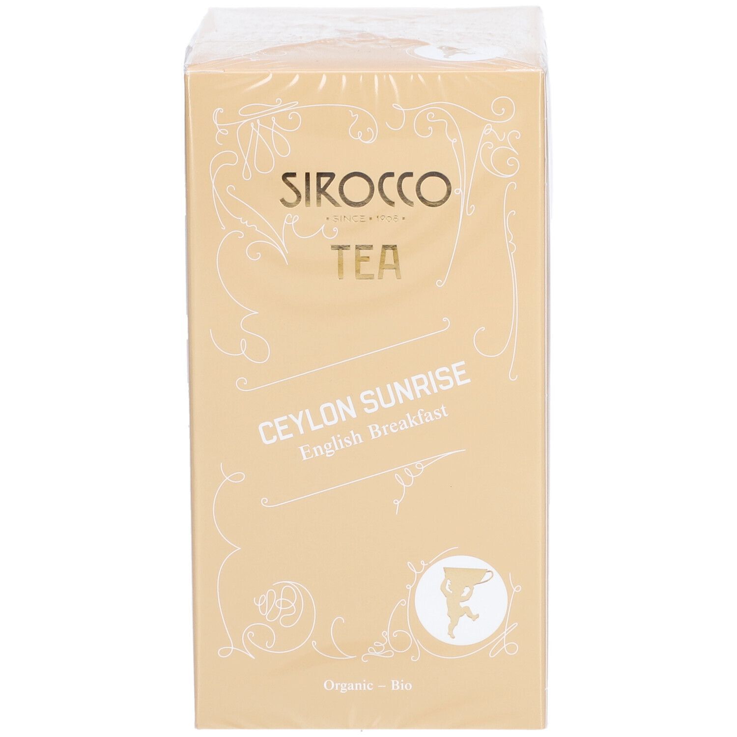 Tee-Verpackung, goldfarben. Produktname und Logo deutlich sichtbar. 'Organic - Bio' Kennzeichnung.
