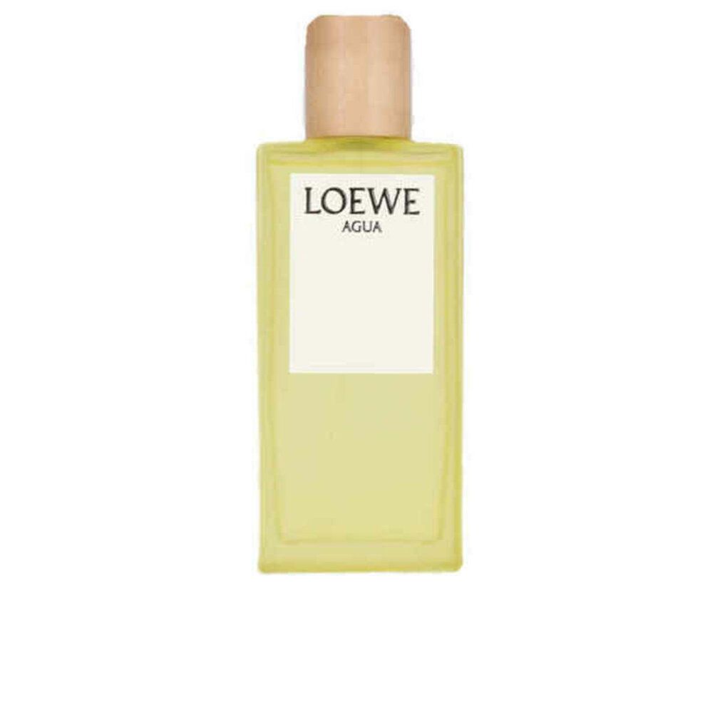 Loewe Agua Eau de Toilette Flakon. Rechteckiger Flakon, helle Flüssigkeit, Holzdeckel. Weißes Etikett mit Logo.
