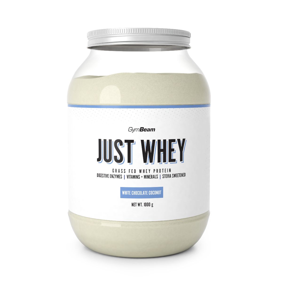 Großer Behälter mit weißem Molkenprotein-Pulver, "JUST WHEY" Aufschrift, 1000g Netto.