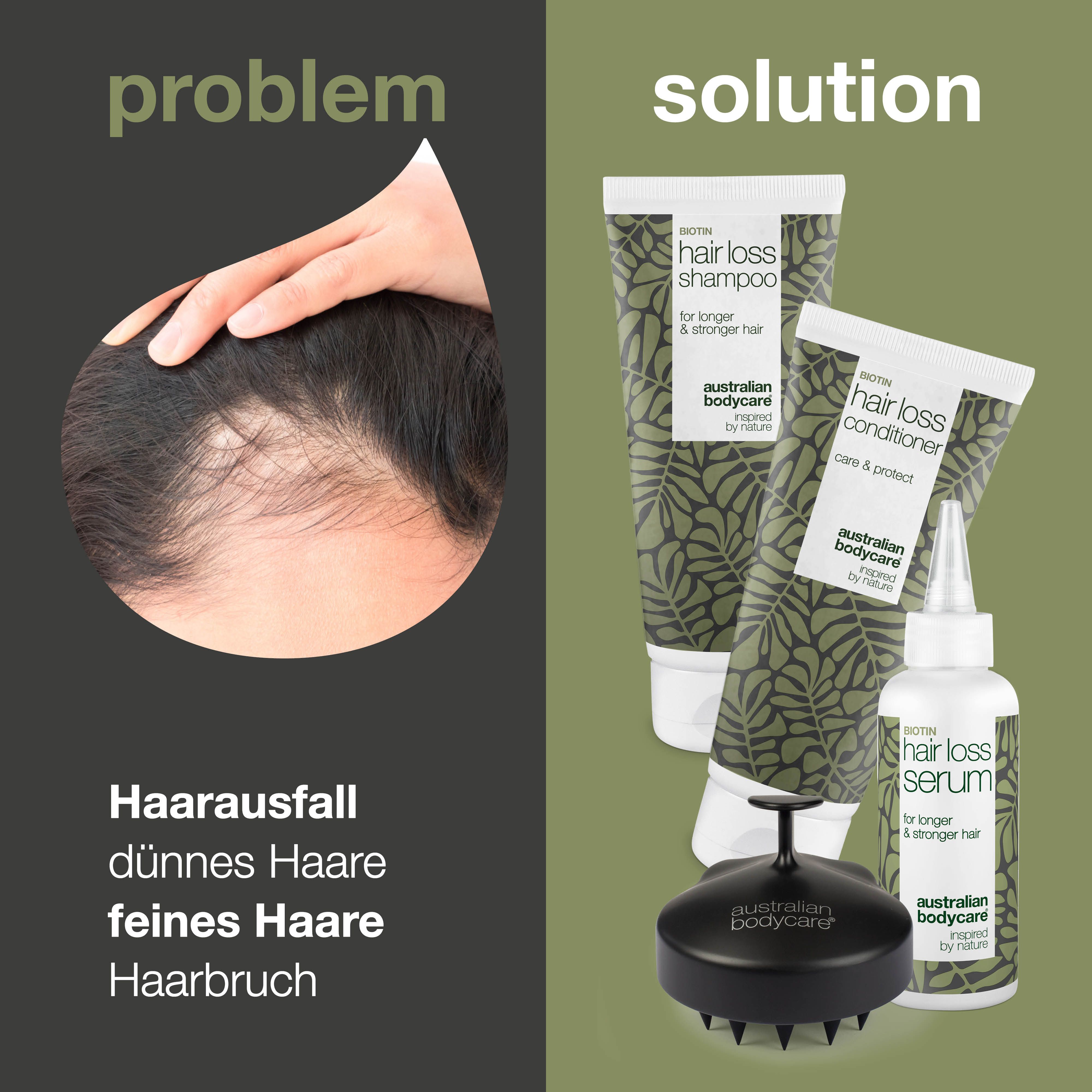 Haarausfall-Paket mit Shampoo, Conditioner, Serum und Kopfhautbürste. Problem: Haarausfall, dünnes Haar.