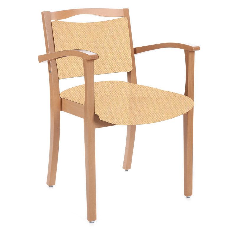 Stuhl mit Armlehnen. Holzrahmen, gepolsterte Sitzfläche und Rückenlehne. Beige Stoffbezug.