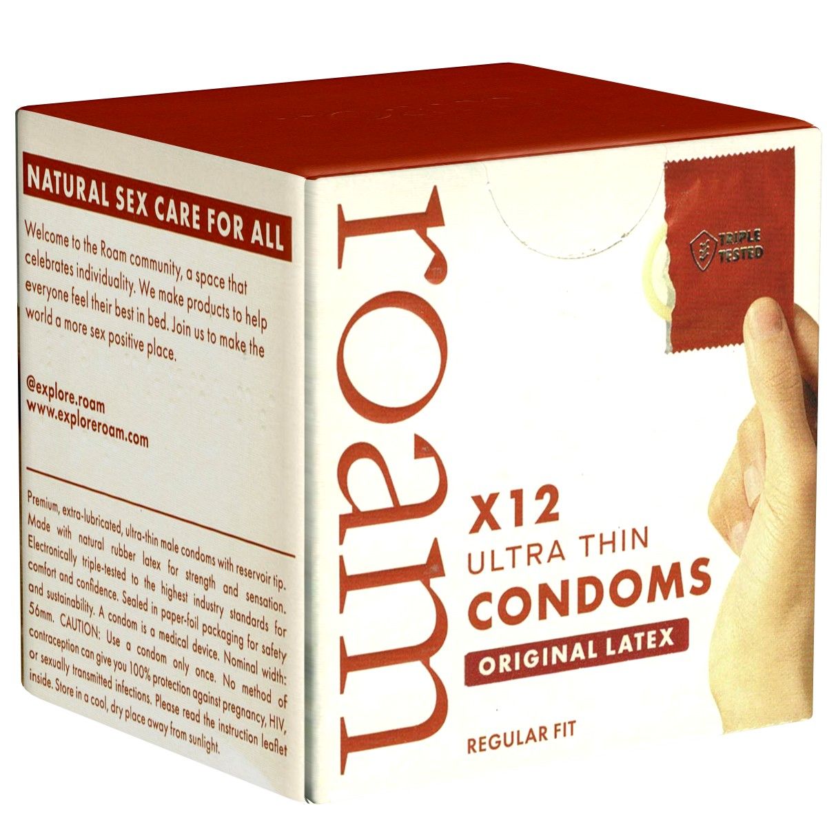 Verpackung mit Kondomen. Aufschrift: ROAM, X12 Ultra Thin Condoms, Original Latex. Regelmäßige Passform. Mit rotem Deckel und Logo.