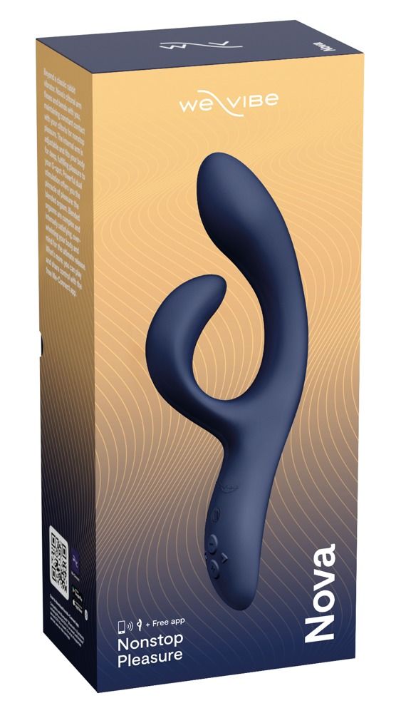 Lila Nova-Vibrator mit Verpackung. Verpackung mit Logo und Text. Vibrator mit geschwungener Form.