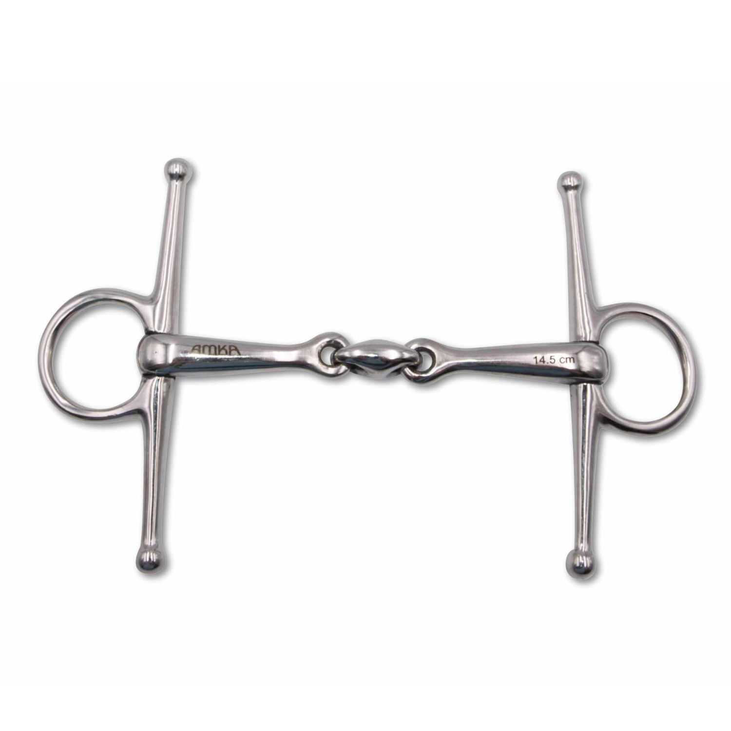 Gebiss aus Metall mit doppelter Gelenkverbindung und seitlichen Stangen. AMKA-Logo sichtbar. Größe 14,5 cm.