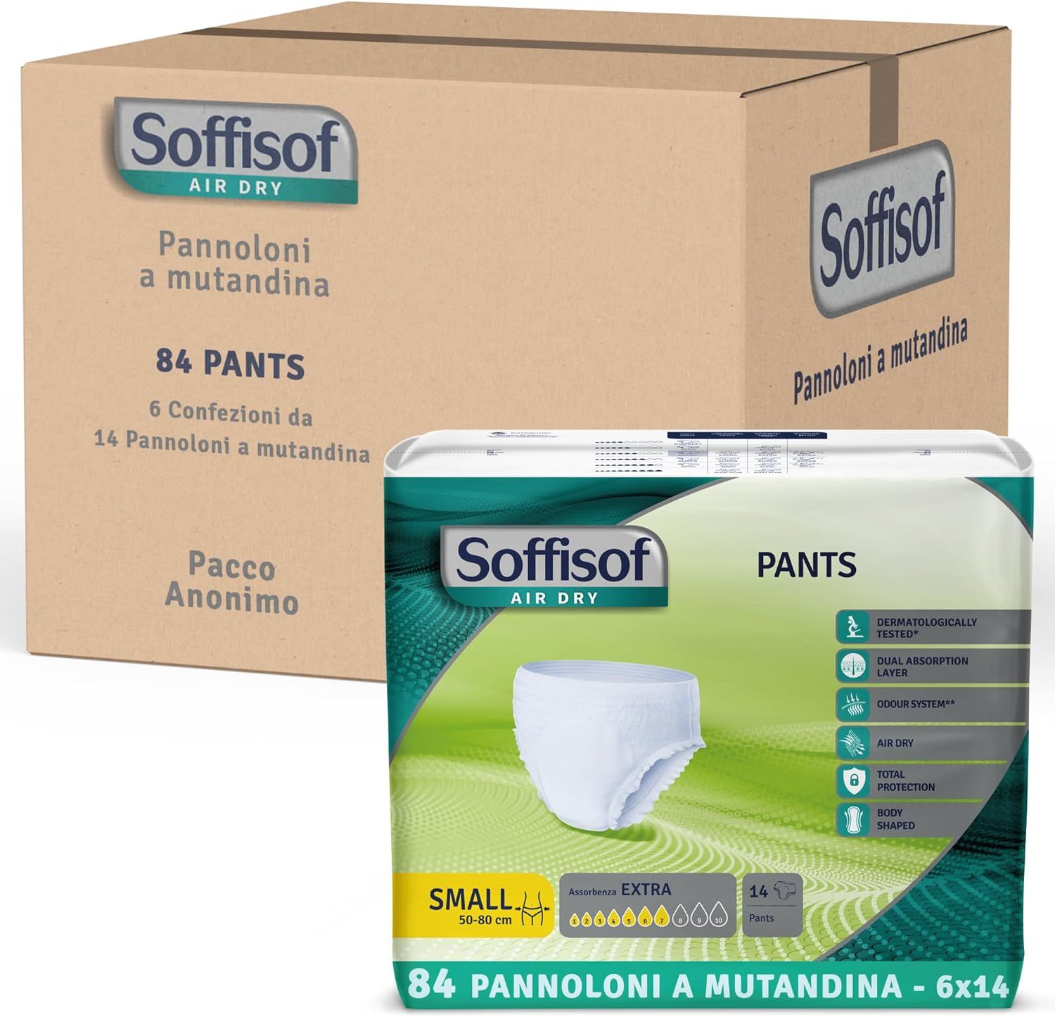 Karton mit Soffisof Pants Extra und einer Packung. Aufdruck: 84 Pants, 6 Packungen à 14 Pants. Verpackung anonym.